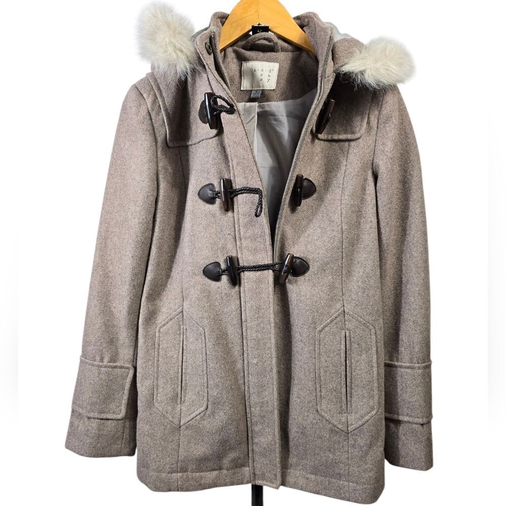 Tan Pea Coat with Faux Fur Hood and Toggle Closures